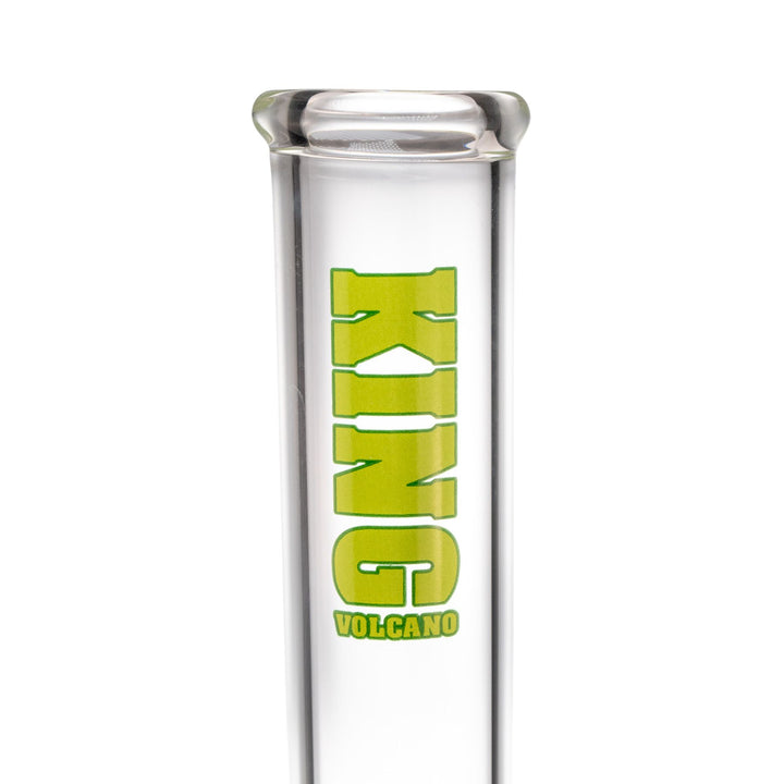 "Close-up of the green logo on a King Volcano 50mmx20'' Double Beaker on a white background," - Up N Smoke.