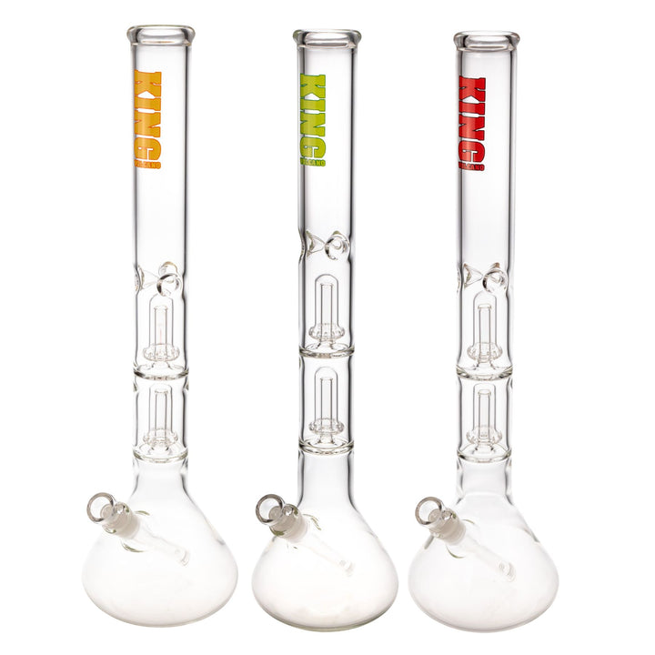 "Three King Volcano 50mmx20'' Double Beaker water pipes in the color variations yellow, green, and red," - Up N Smoke.