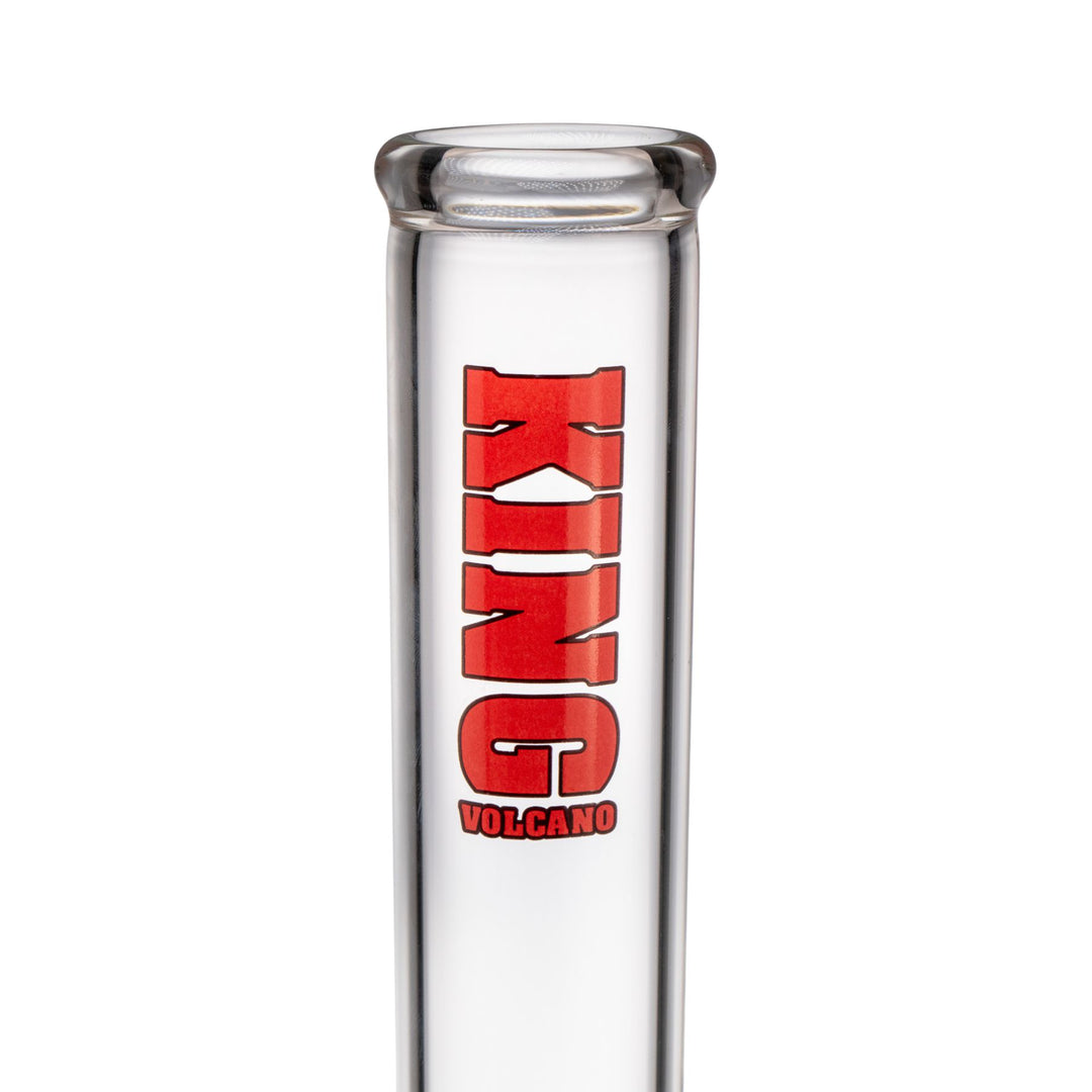 "Close-up of the red logo on a King Volcano 50mmx20'' Double Beaker on a white background," - Up N Smoke.