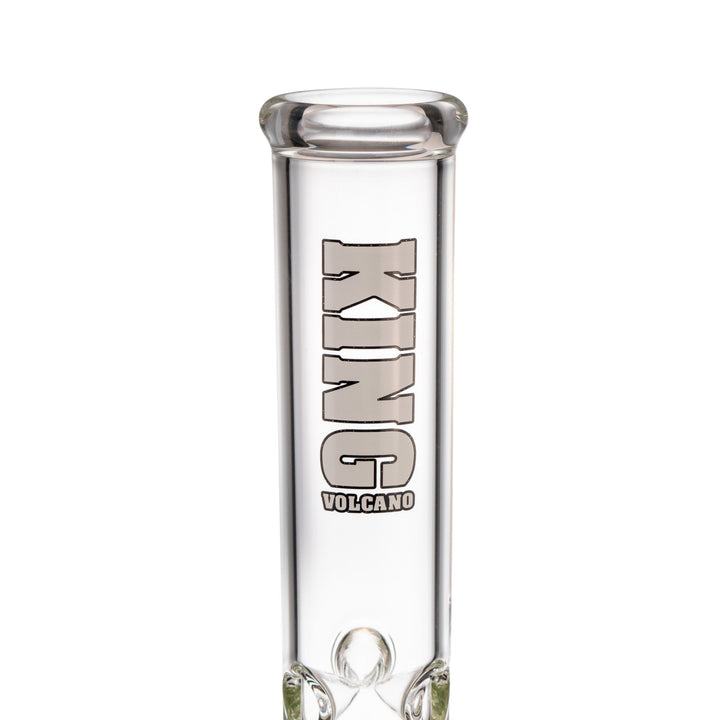 "Close-up of the white logo near the mouthpiece of a King Volcano 50mmx20'' Double Beaker," - Up N Smoke.