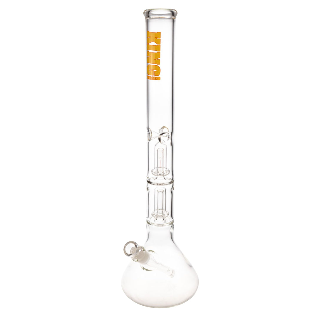 "King Volcano 50mmx20'' Double Beaker with a yellow logo decal near the mouthpiece," - Up N Smoke.