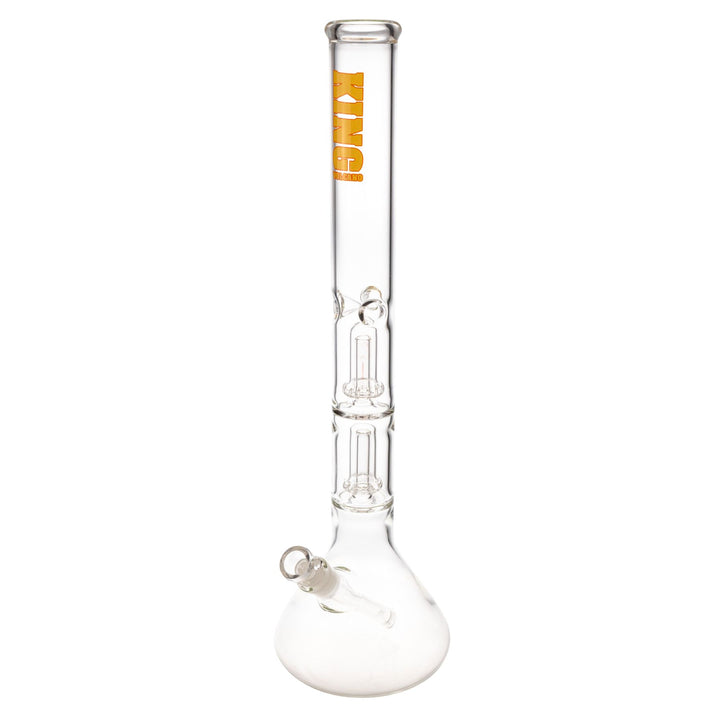 "King Volcano 50mmx20'' Double Beaker with a yellow logo decal near the mouthpiece," - Up N Smoke.