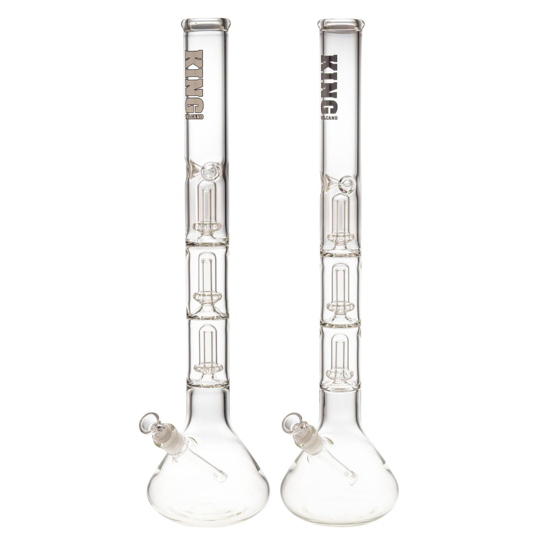 "Two King Volcano 50mmx23in Triple Beaker water pipes that feature multiple showerhead percolators," - Up N Smoke.