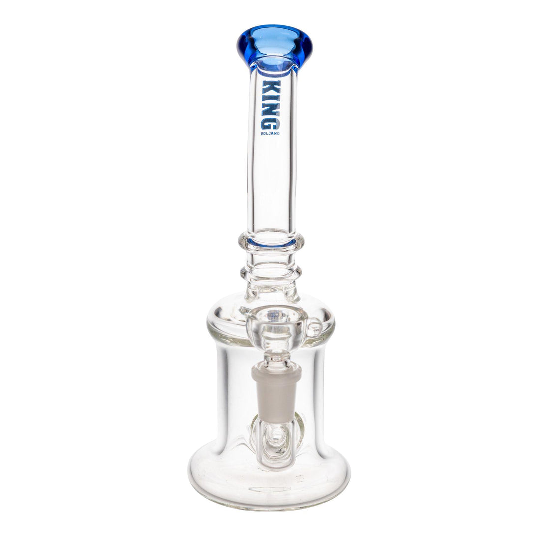 "Straight-on view of a blue King Volcano Fixed Inline Bubbler on a white background," - Up N Smoke.