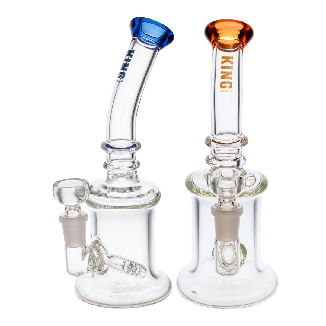 "Two King Volcano Inline Bubblers with a height of 8'' and body diameter of 50mm on a white background," - Up N Smoke.