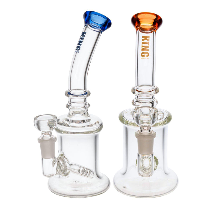 "Two King Volcano Inline Bubblers with a height of 8'' and body diameter of 50mm on a white background," - Up N Smoke.