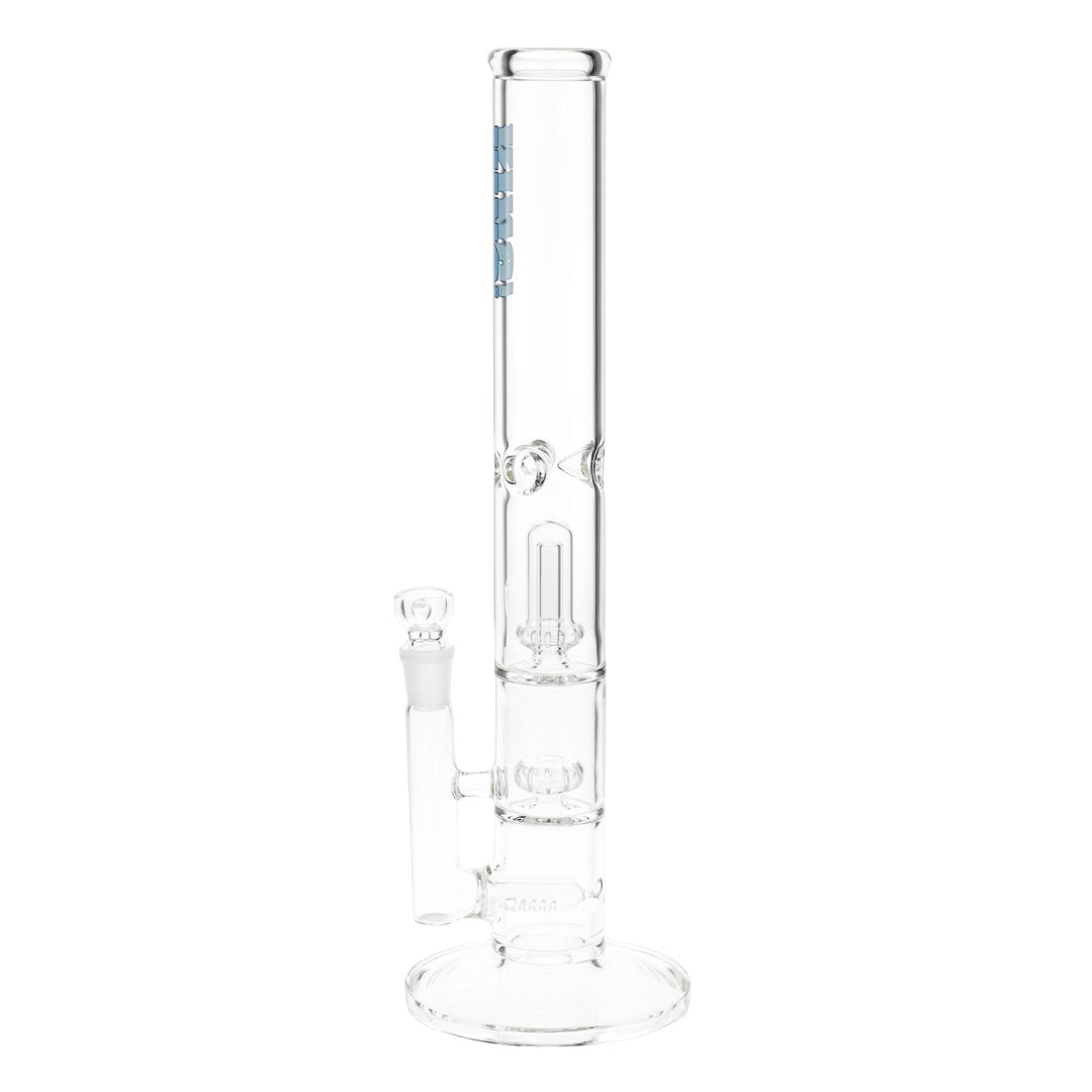 KV 50mm X 17” Double Showerhead Blue Flare Slide Water Pipe displayed on a white background left facing - Up N Smoke