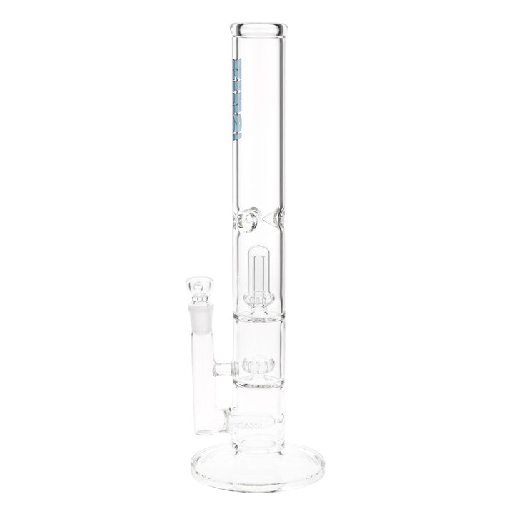 KV 50mm X 17” Double Showerhead Blue Flare Slide Water Pipe displayed on a white background left facing - Up N Smoke