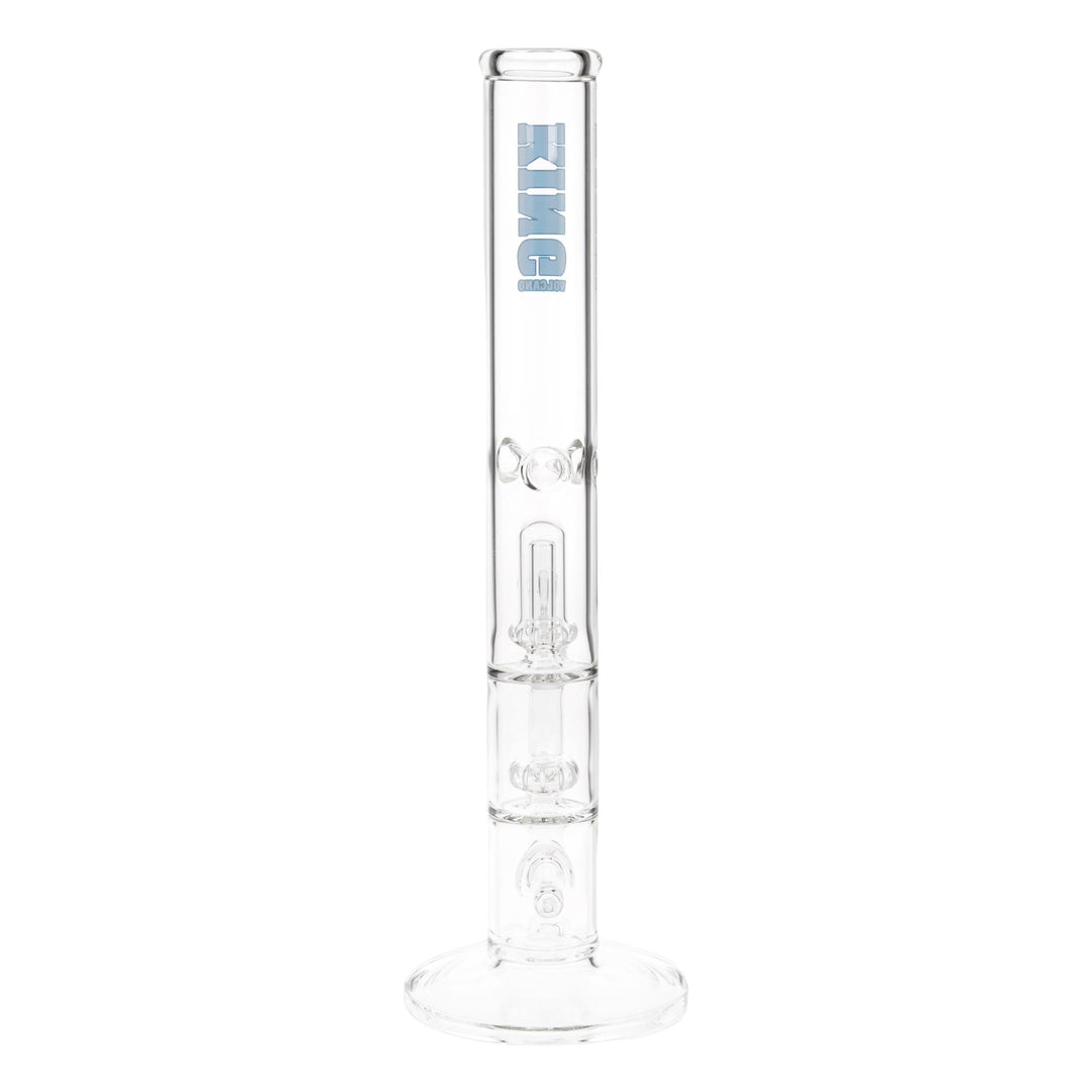 KV 50mm X 17” Double Showerhead Blue Flare Slide Water Pipe displayed on a white background back facing - Up N Smoke