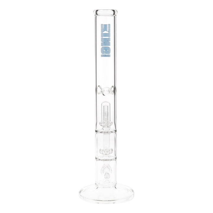 KV 50mm X 17” Double Showerhead Blue Flare Slide Water Pipe displayed on a white background back facing - Up N Smoke