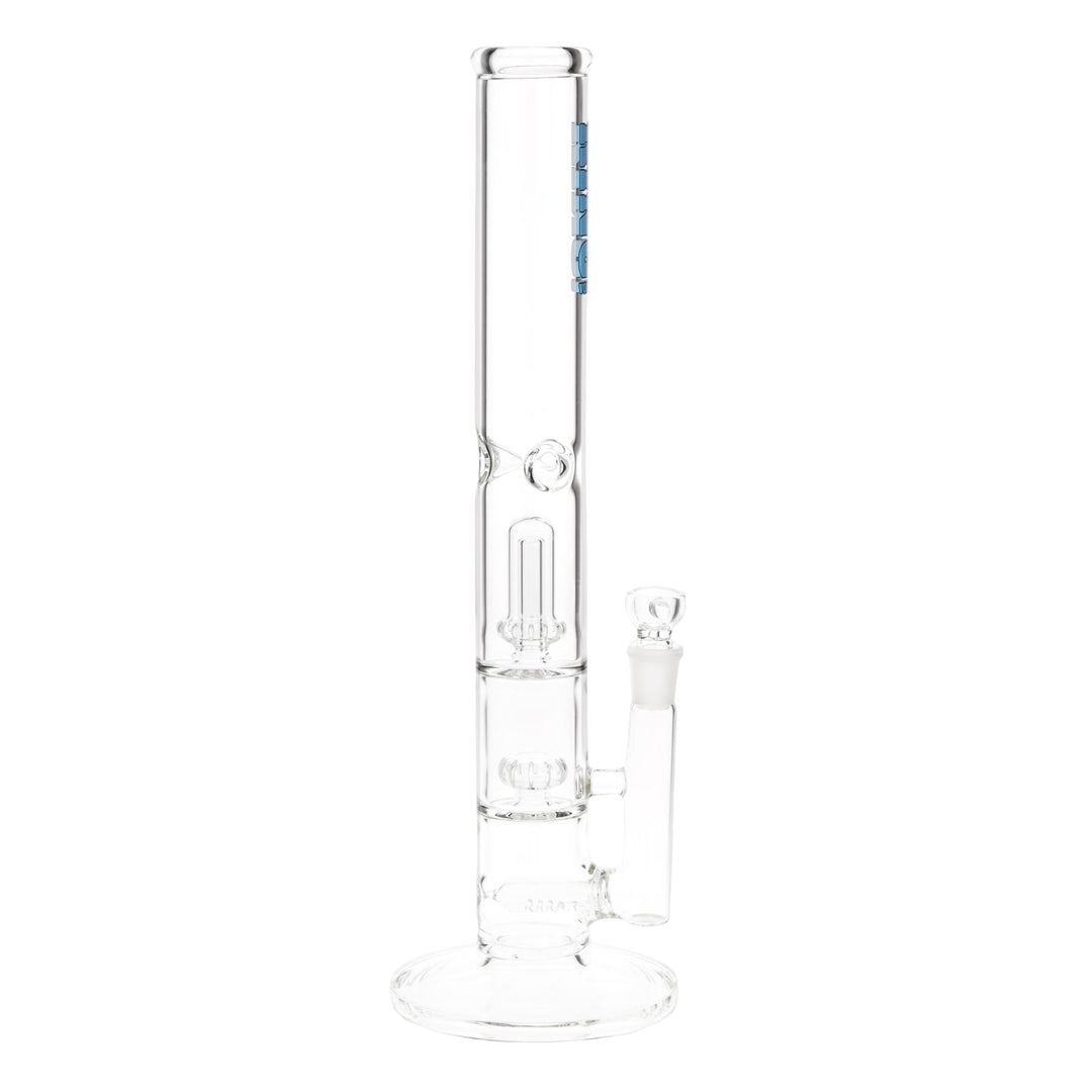 KV 50mm X 17” Double Showerhead Blue Flare Slide Water Pipe displayed on a white background right facing - Up N Smoke