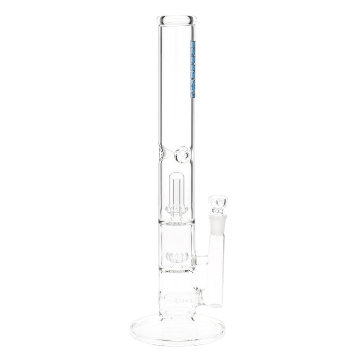 KV 50mm X 17” Double Showerhead Blue Flare Slide Water Pipe displayed on a white background right facing - Up N Smoke