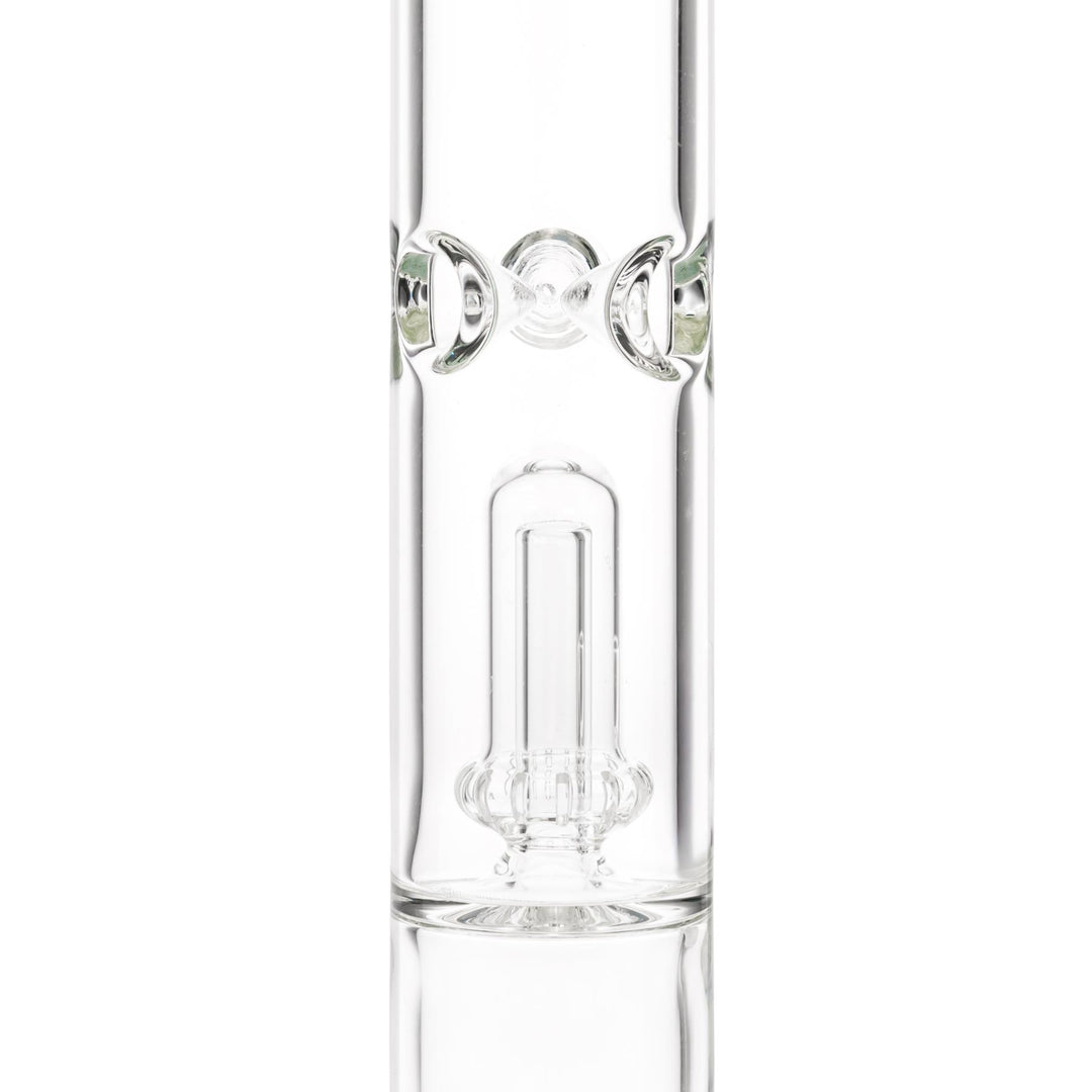 KV 50mm X 17” Double Showerhead Blue Flare Slide Water Pipe displayed on a white background close up of showerhead percolator - Up N Smoke