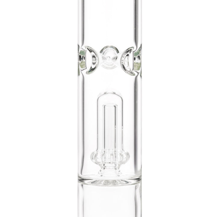 KV 50mm X 17” Double Showerhead Blue Flare Slide Water Pipe displayed on a white background close up of showerhead percolator - Up N Smoke