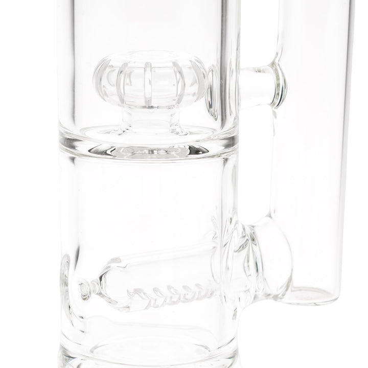KV 50mm X 17” Double Showerhead Blue Flare Slide Water Pipe displayed on a white background close up of showerhead percolator - Up N Smoke