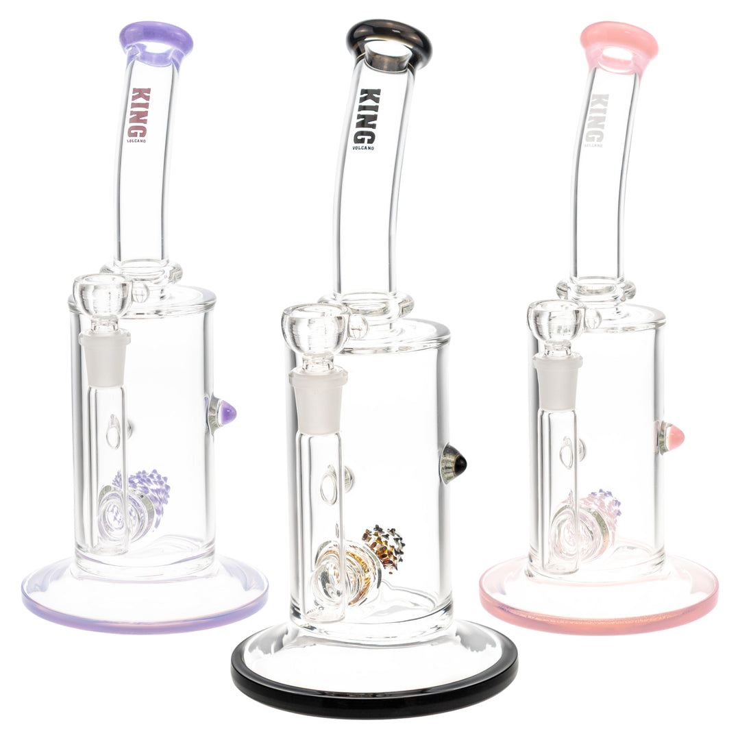 King Volcano 65mm x 12in Flare Inline Water Pipe including black, purple and pink on a white background - Up N Smoke 