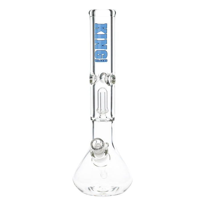 "Front of a clear glass King Volcano 50mmx15'' Single Chamber Beaker with a light blue logo near the mouthpiece on a white background," - Up N Smoke.