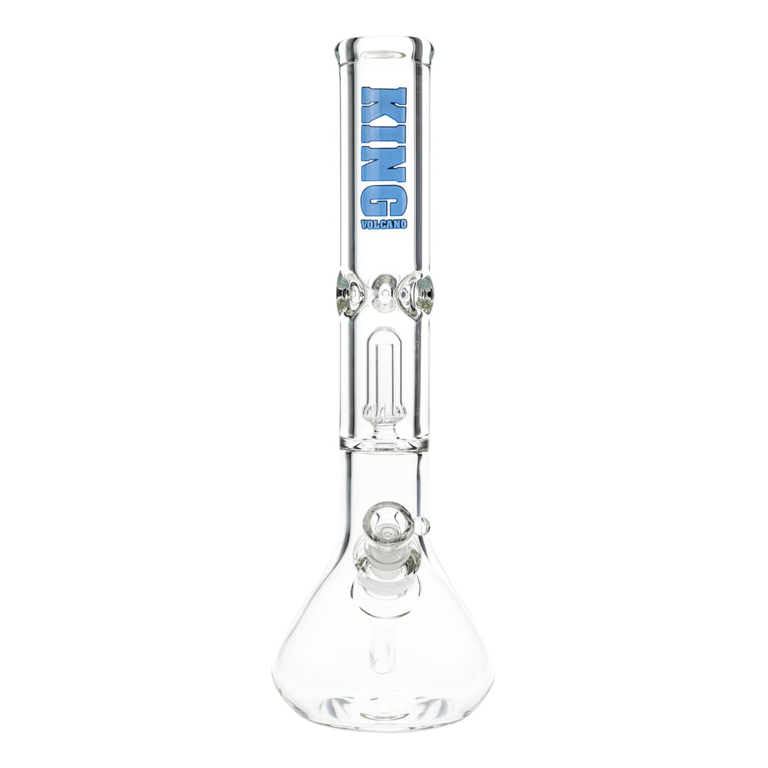"Front of a King Volcano 50mmx15'' Single Chamber Beaker with a light blue logo near the mouthpiece," - Up N Smoke.
