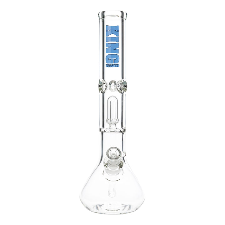 "Front of a King Volcano 50mmx15'' Single Chamber Beaker with a light blue logo near the mouthpiece," - Up N Smoke.