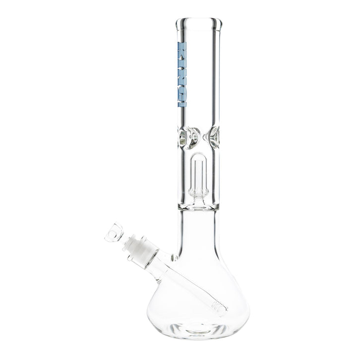 "Left side of a King Volcano 50mmx15'' Single Chamber Beaker with a blue logo near the mouthpiece on a white background," - Up N Smoke.