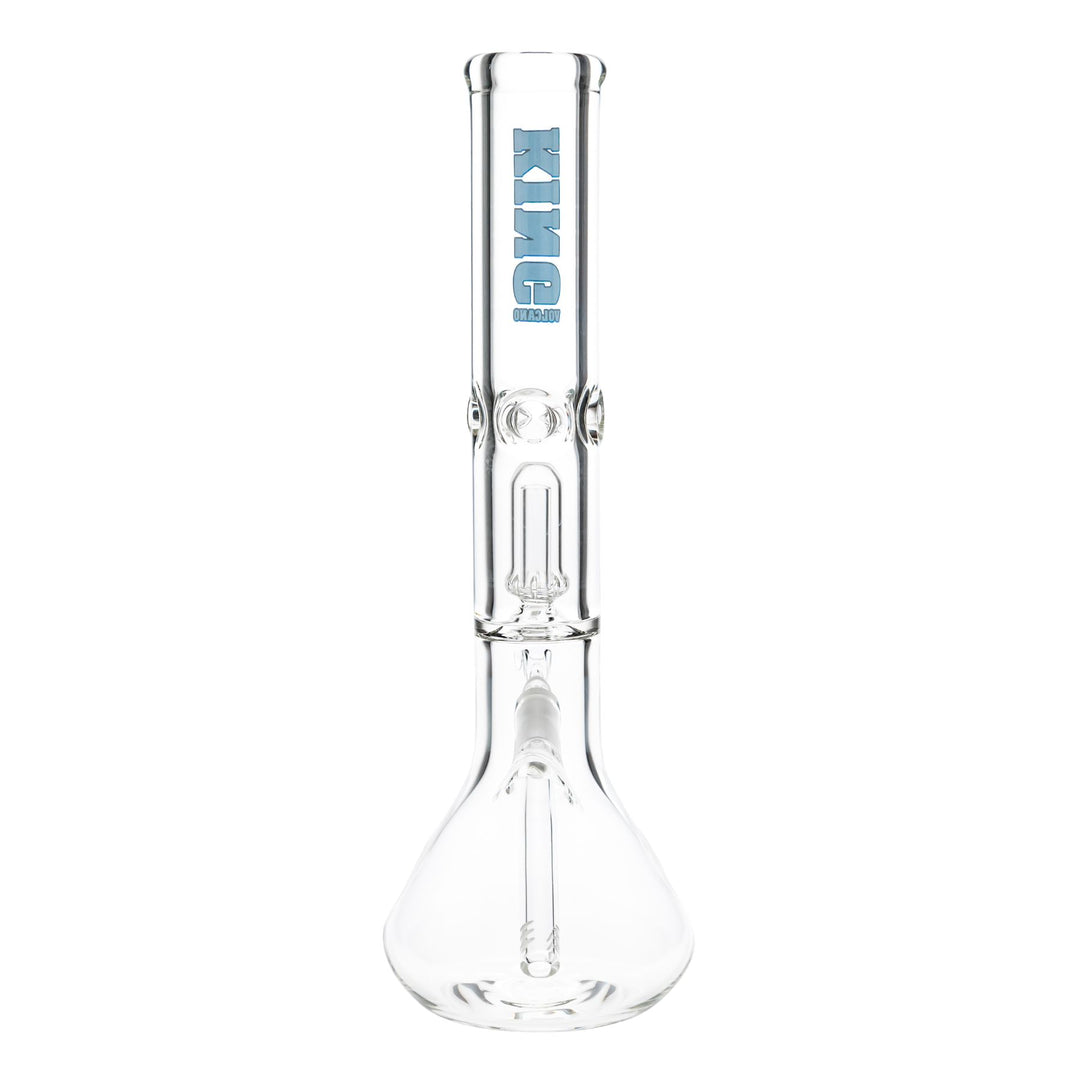 "Backside of a King Volcano 50mmx15'' Single Chamber Beaker, showcasing the showerhead percolator and a diffused downstem on a white background," - Up N Smoke.
