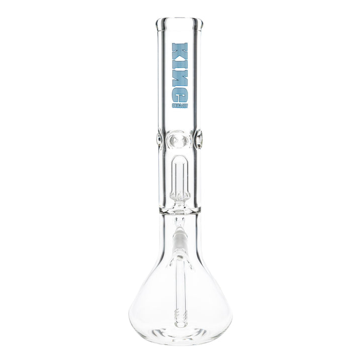 "Backside of a King Volcano 50mmx15'' Single Chamber Beaker, showcasing the showerhead percolator and a diffused downstem on a white background," - Up N Smoke.