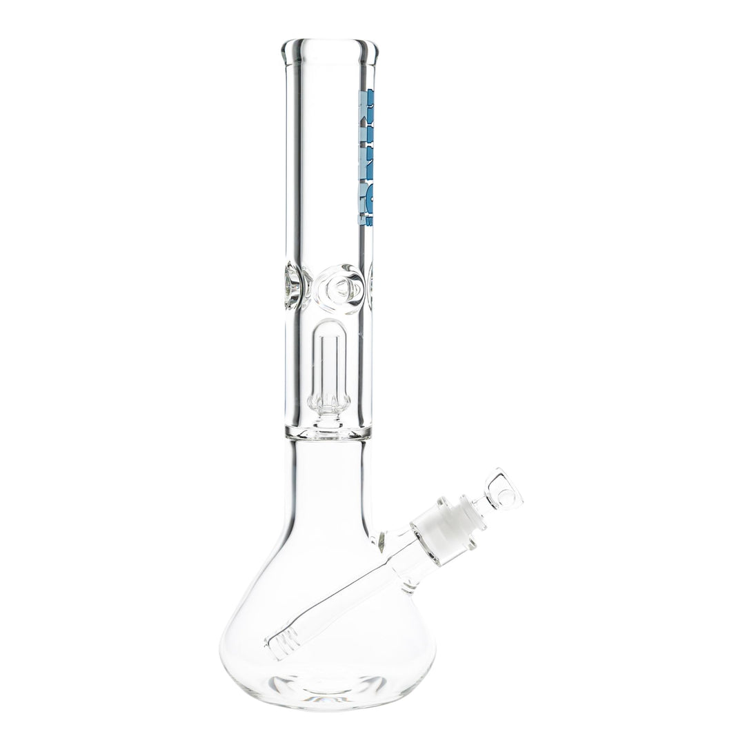 "Right side of a King Volcano 50mmx15'' Single Chamber Beaker with a showerhead percolator on a white background," - Up N Smoke.