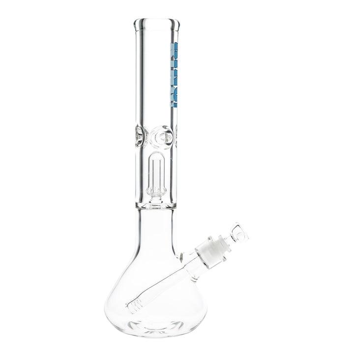 "Right side of a King Volcano 50mmx15'' Single Chamber Beaker with a showerhead percolator on a white background," - Up N Smoke.