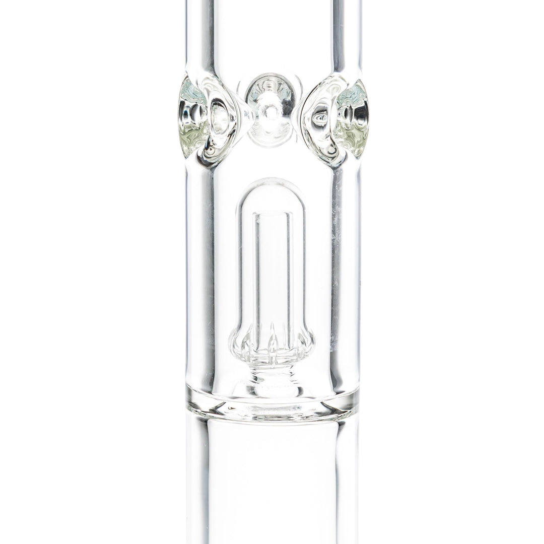 "Close-up of the showerhead percolator within a King Volcano 50mmx15'' Single Chamber Beaker on a white background," - Up N Smoke.