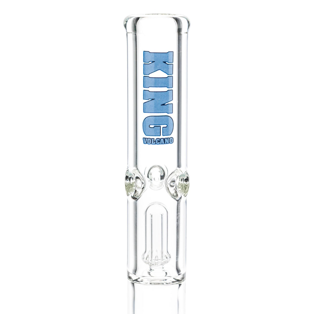 "Top of a King Volcano 50mmx15'' Single Chamber Beaker with a light blue logo near the mouthpiece," - Up N Smoke.