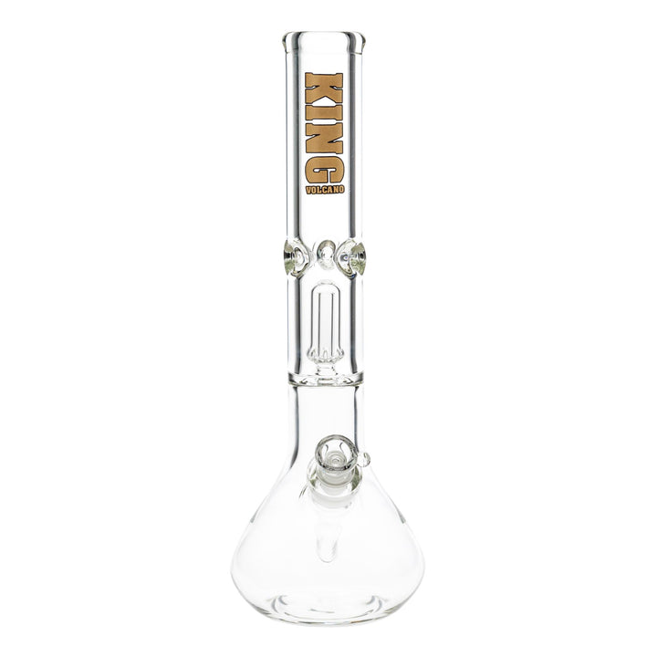 "Front view of a clear glass King Volcano 50mmx15'' Single Chamber Beaker with a gold logo near the mouthpiece," - Up N Smoke.