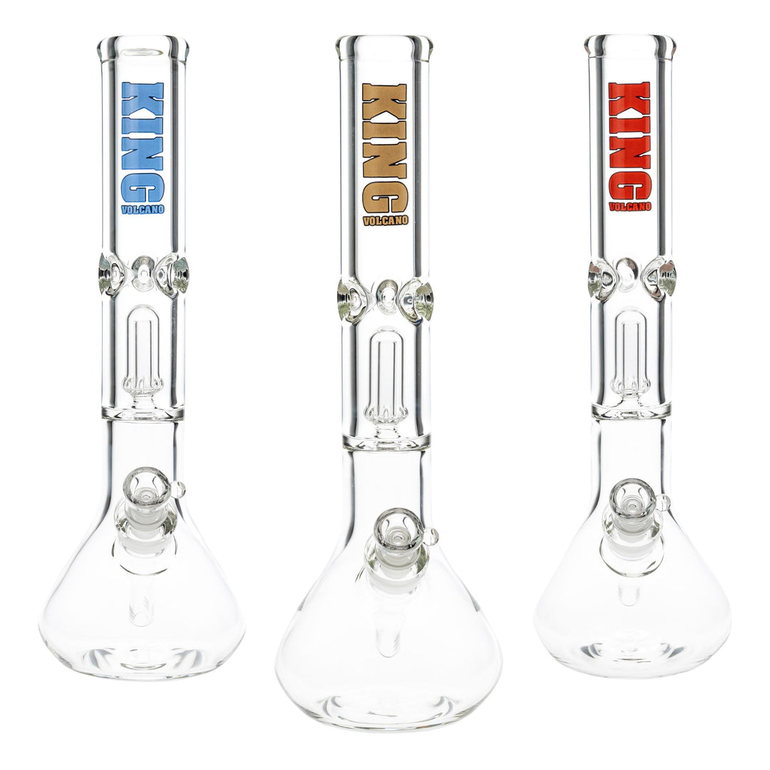 "Three KV 50mmx15'' Beakers with different colored logos near the mouthpiece on a white background," - Up N Smoke.