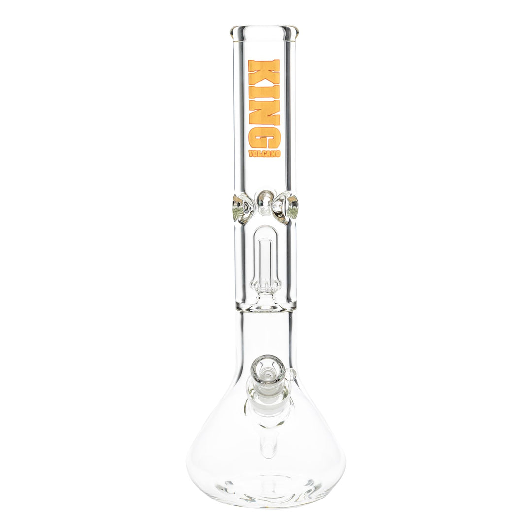"Front of a clear glass King Volcano 50mmx15'' Beaker with a yellow logo near the mouthpiece," - Up N Smoke.