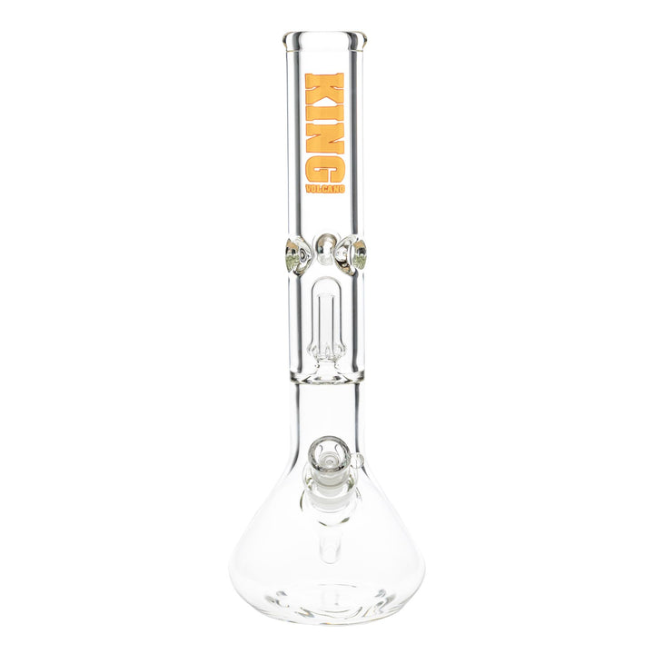 "Front of a clear glass King Volcano 50mmx15'' Beaker with a yellow logo near the mouthpiece," - Up N Smoke.