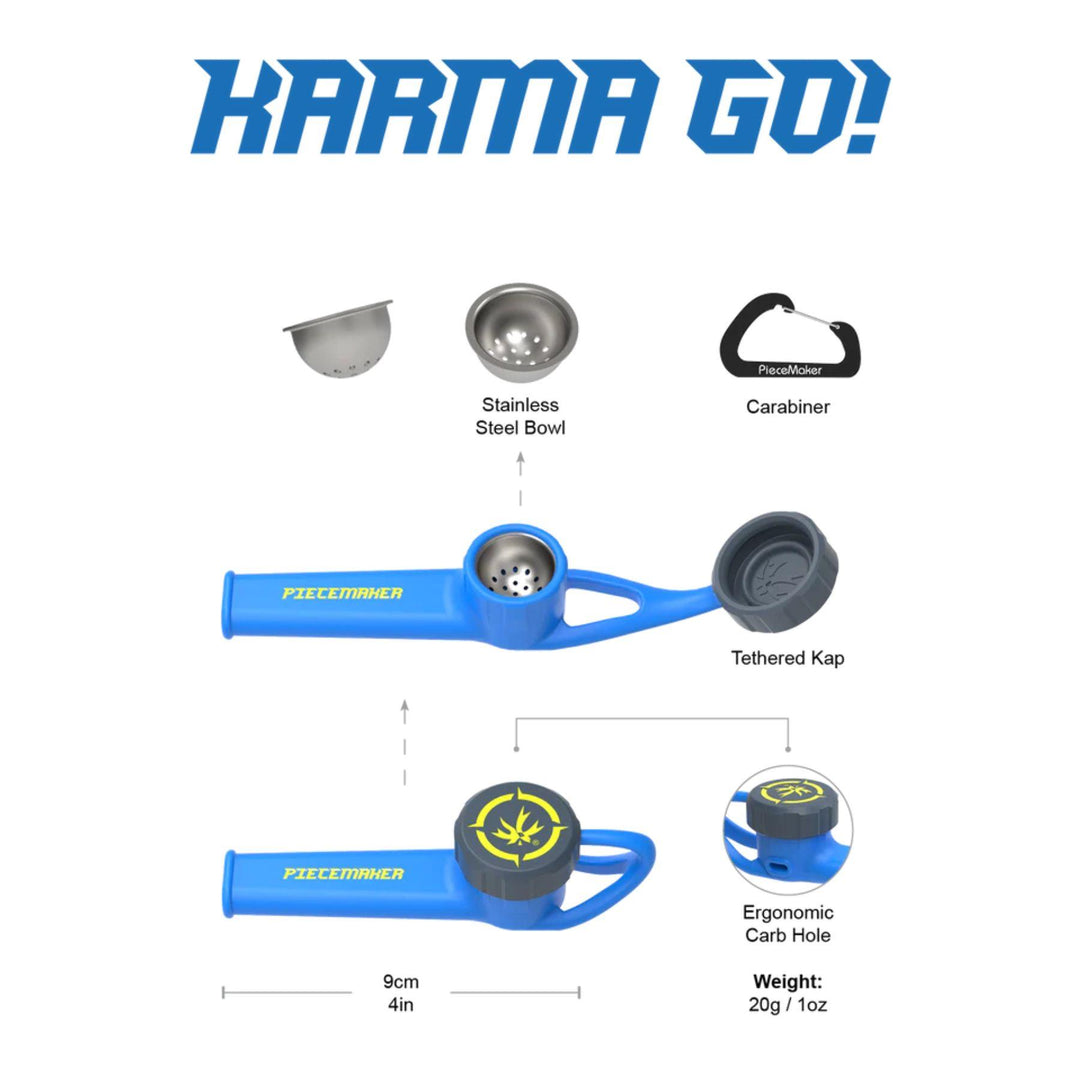 "Blue Piecemaker smoking device with labeled parts and specifications on a white background," - Up N Smoke.