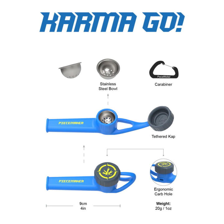 "Blue Piecemaker smoking device with labeled parts and specifications on a white background," - Up N Smoke.