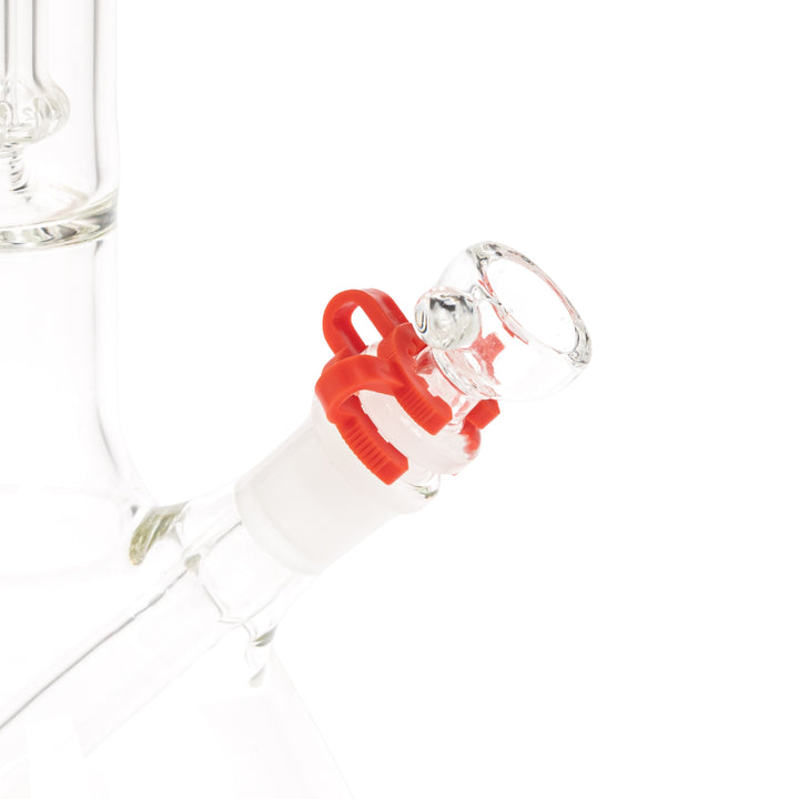 Keck Clip 18mm red color attached to a water pipe showcasing how it works second angle displayed on a white background - Up N Smokes