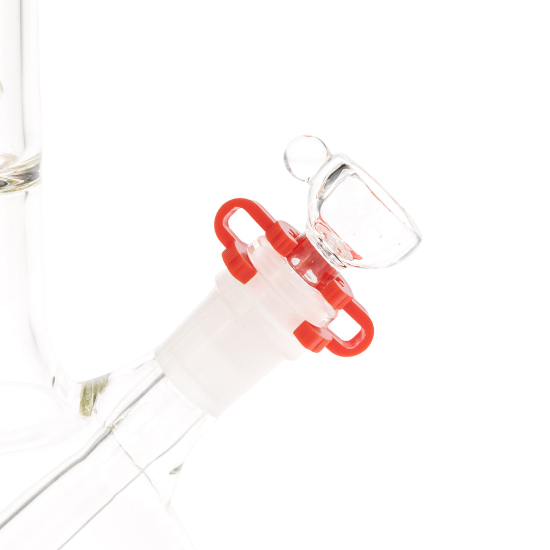 Keck Clip 18mm red color attached to a water pipe showcasing how it works displayed on a white background - Up N Smokes