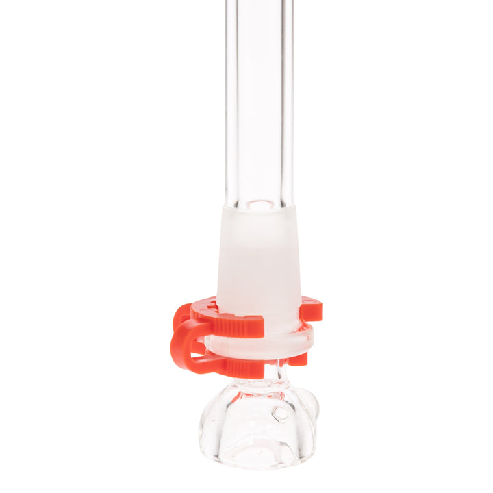 Keck Clip 18mm red color attached to a water pipe showcasing how it works third angle displayed on a white background - Up N Smokes