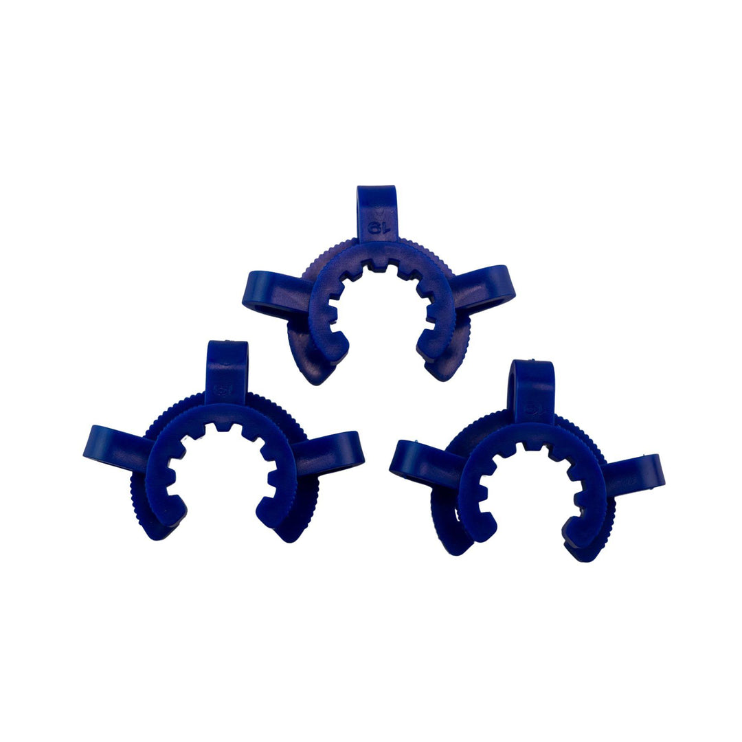 "Three blue Keck Clips on a white background. These items are used to secure dab straws to nectar collectors," - Up N Smoke.
