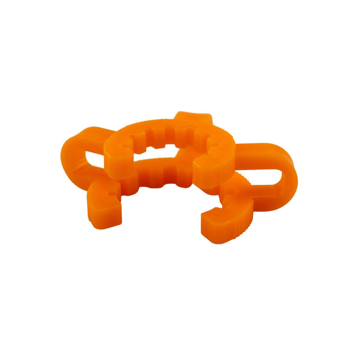 "Side angle of an orange Keck Clip that is used to stabilize a nectar collector," - Up N Smoke.