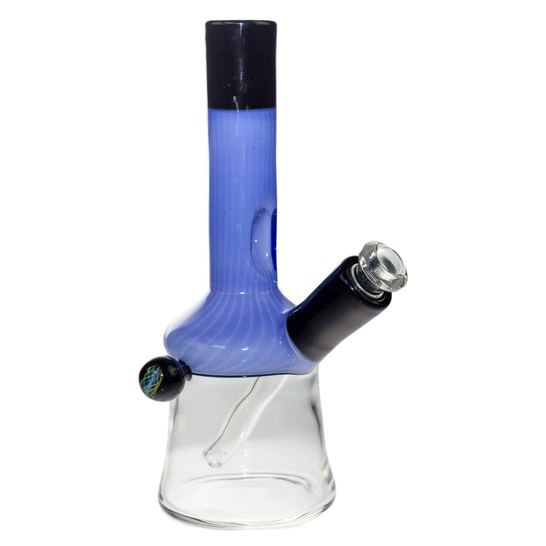 This is a front right view of a King Leo purple beaker water pipe. It features a purple and black body with a clear base. - Up N Smoke.