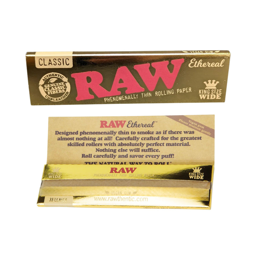 "Two packs of RAW Wide King Size Ethereal papers on a white background," - Up N Smoke.