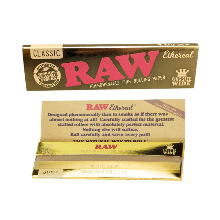 "Two packs of RAW Wide King Size Ethereal papers on a white background," - Up N Smoke.