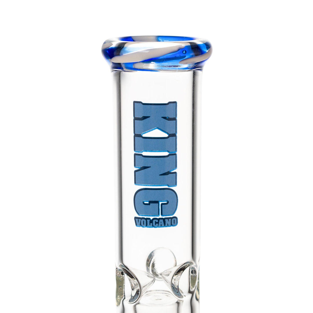 "Close-up of the blue logo and colored lip of a King Volcano 38mmx12'' Wrap Flare," - Up N Smoke.