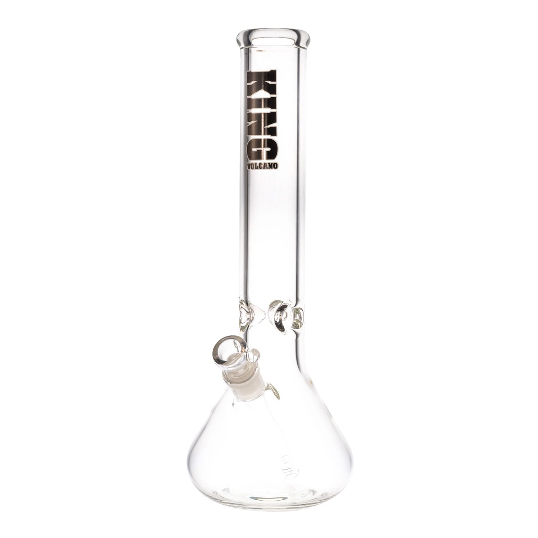 "Clear glass King Volcano beaker with a black logo near the mouthpiece," - Up N Smoke.