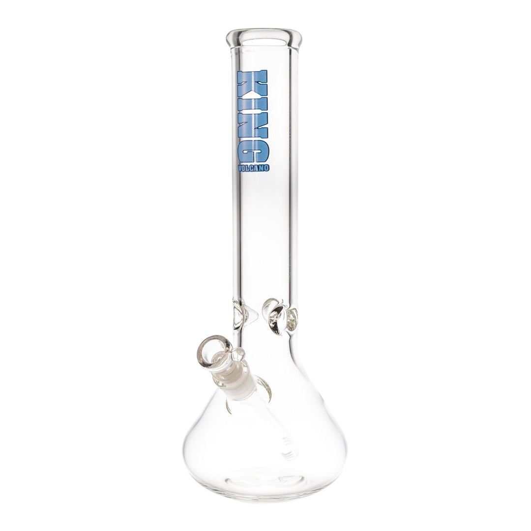 "A 50mmx14'' King Volcano clear beaker with a light blue logo near the mouthpiece," - Up N Smoke.