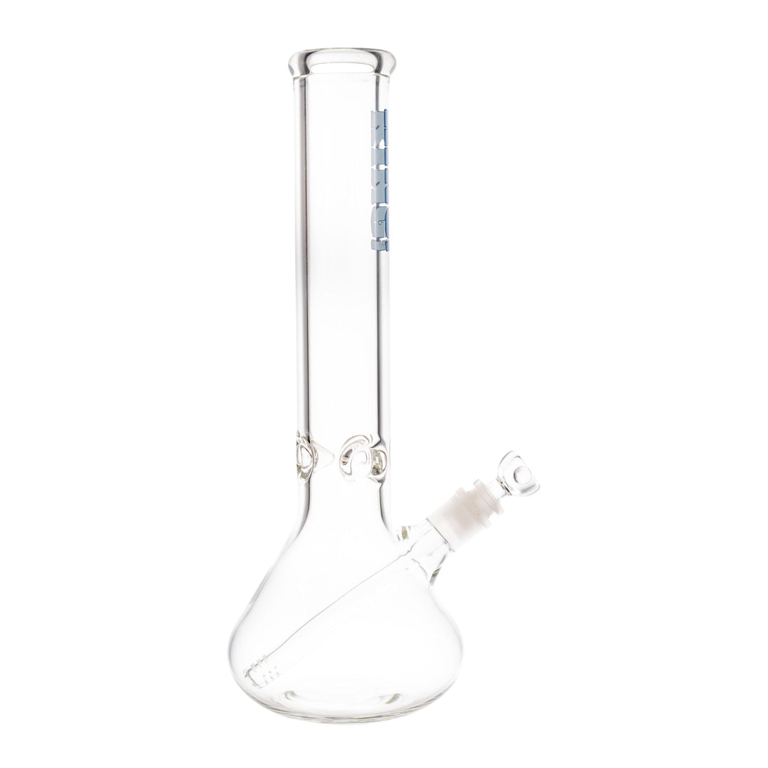 "Right-side of a clear beaker with a light blue King Volcano logo near the mouthpiece," - Up N Smoke.