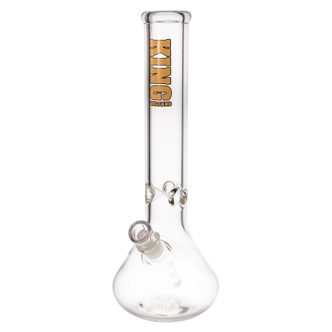 "Clear glass beaker handmade by King Volcano with a gold logo near the mouthpiece," - Up N Smoke.