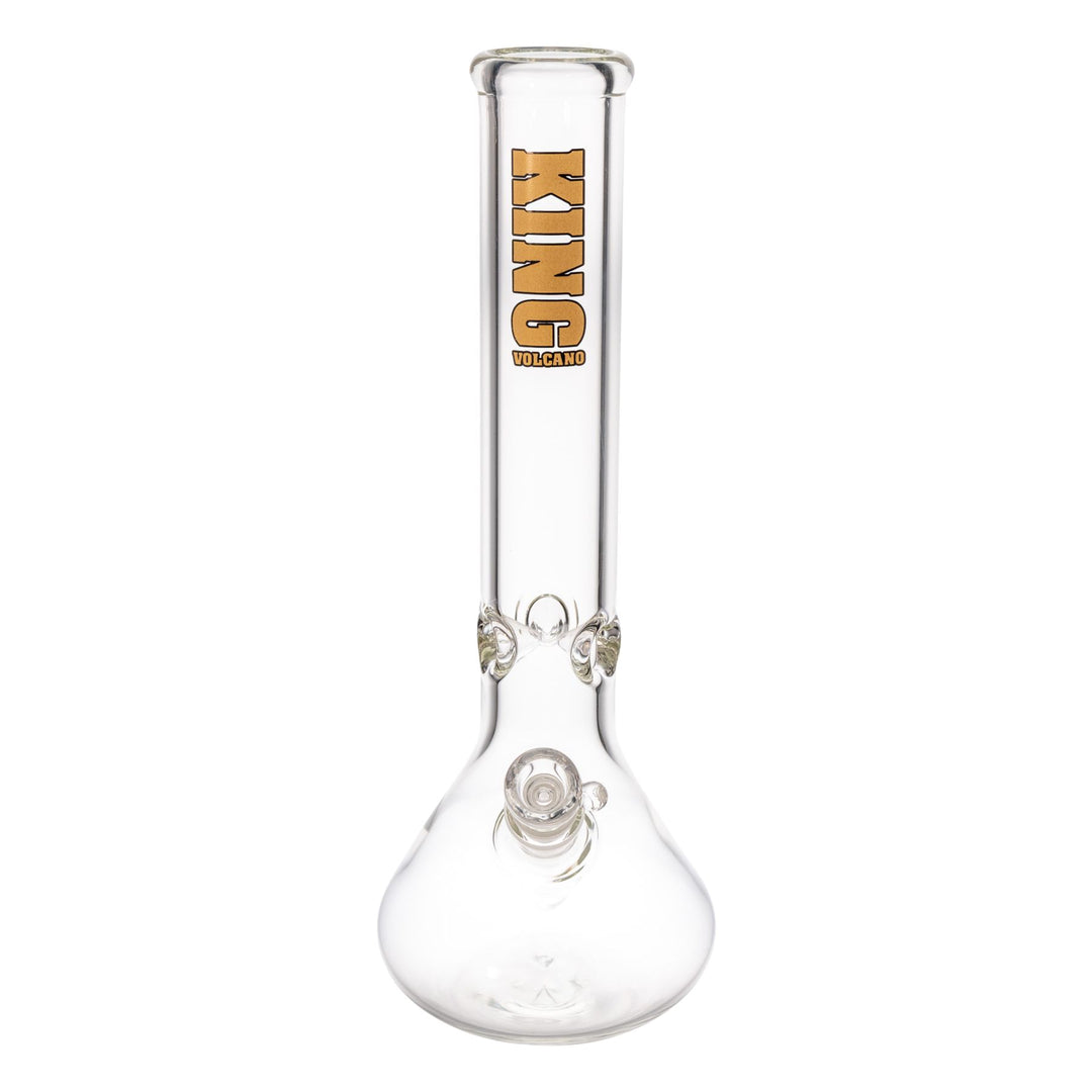"Front of a clear beaker with a gold King Volcano logo," - Up N Smoke.